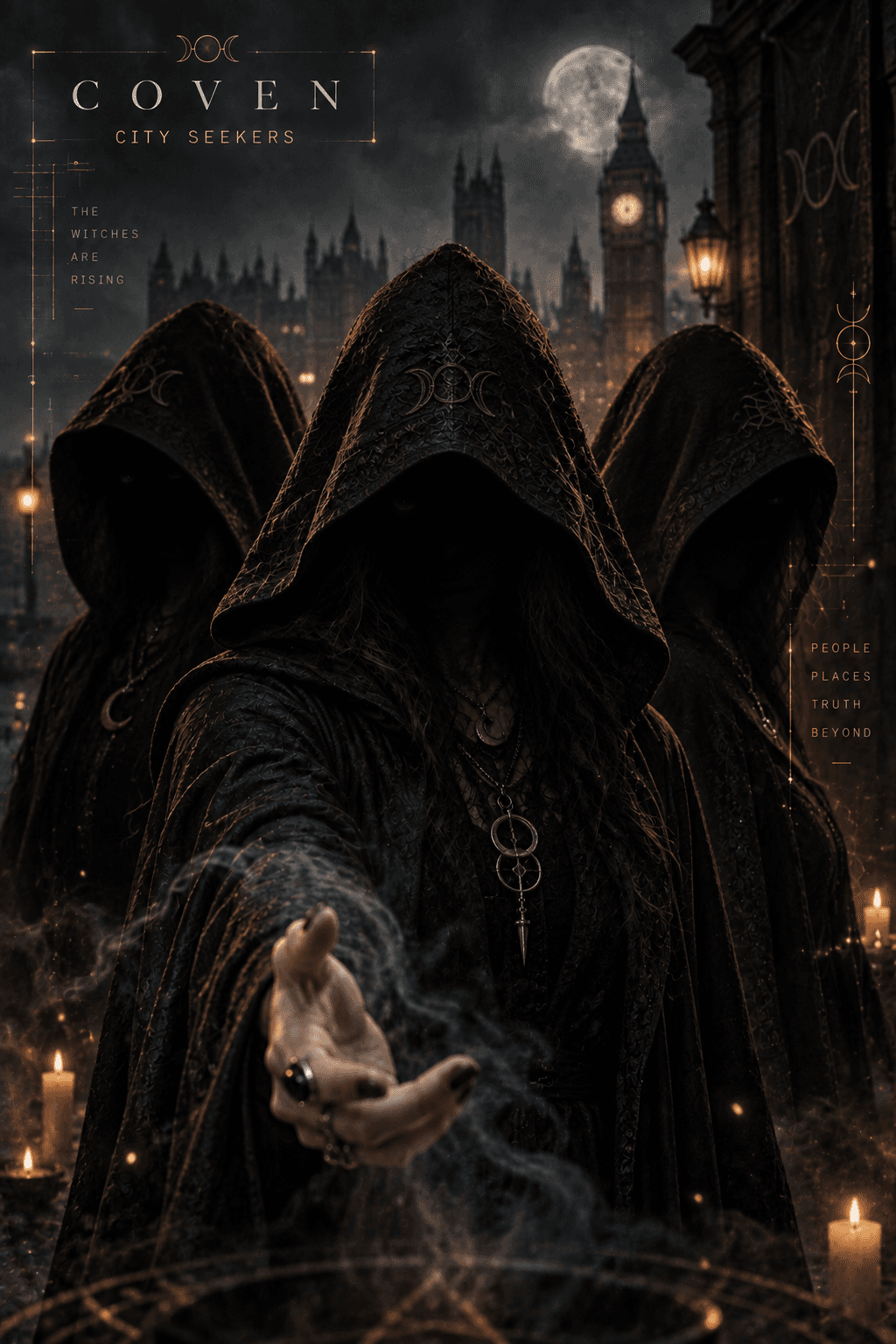 COVEN artwork showing three hooded figures beneath the moon in London
